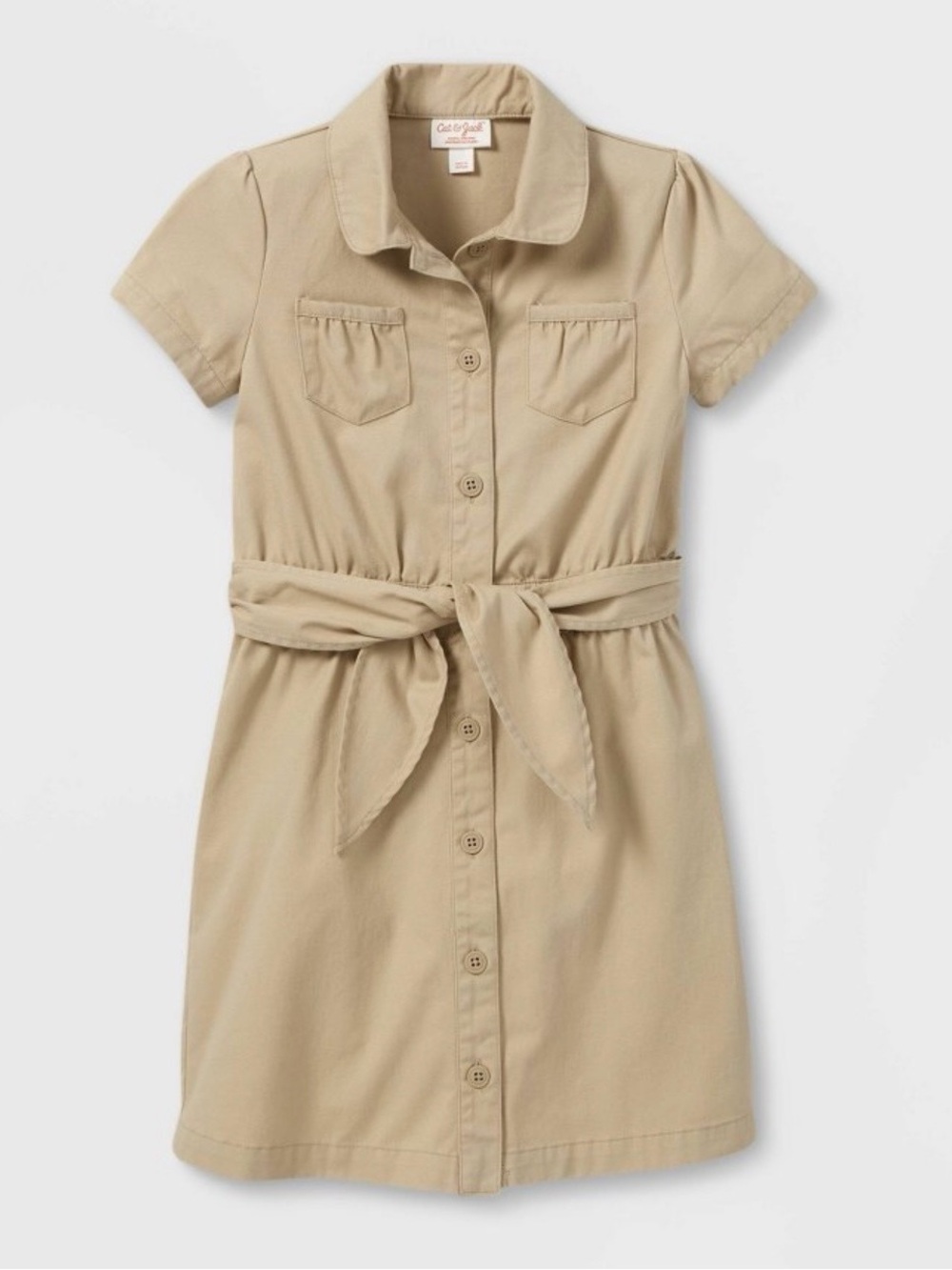 Cat & Jack Khaki Tan School Uniform Button Collar Tie Waist Little Girls Dress
